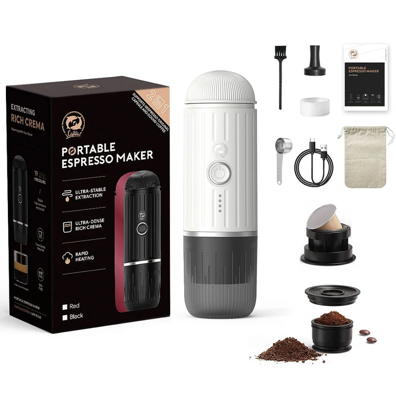 iCafilas 2in1 Portable Coffee Machine for Car & Camping Travel Expresso Coffee Maker Fit Nexpresso Pod Capsule Coffee Powder