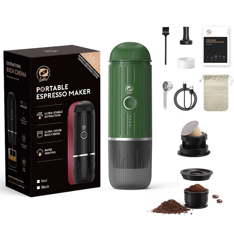 iCafilas 2in1 Portable Coffee Machine for Car & Camping Travel Expresso Coffee Maker Fit Nexpresso Pod Capsule Coffee Powder