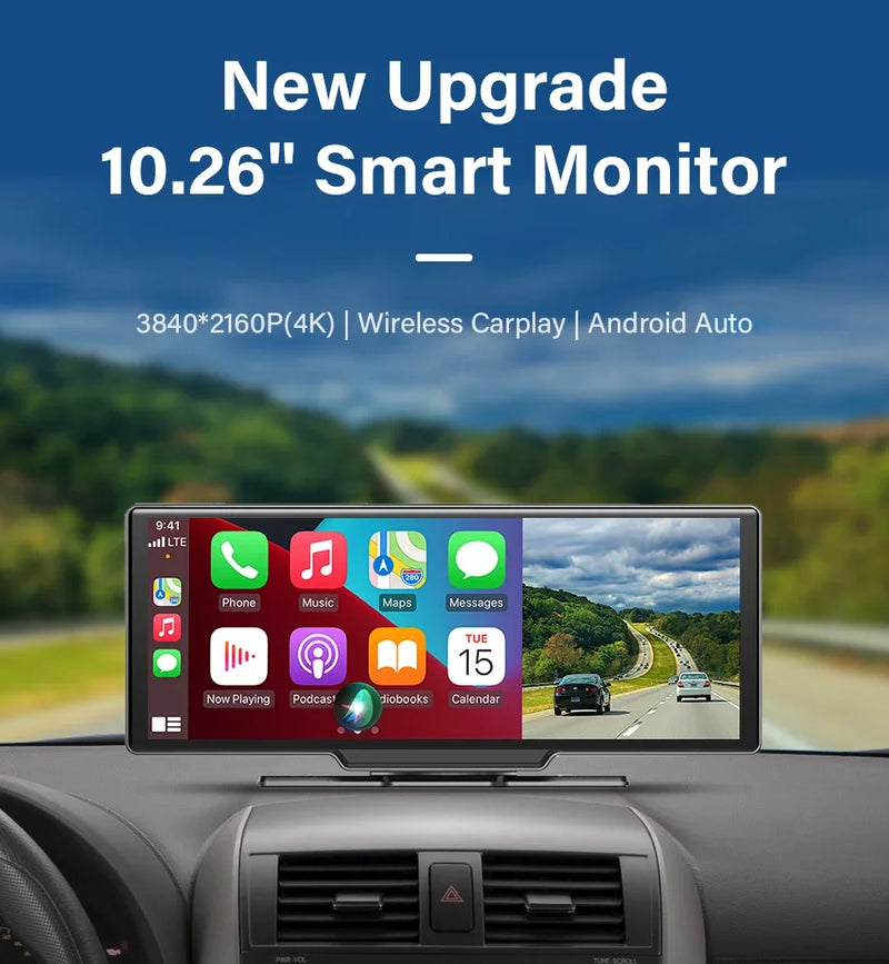 10.26'' Dash Cam 4K Car Mirror Video Player Wireless Carplay Android Auto GPS Car Monitor Multimedia Rearview Camera Dashboard