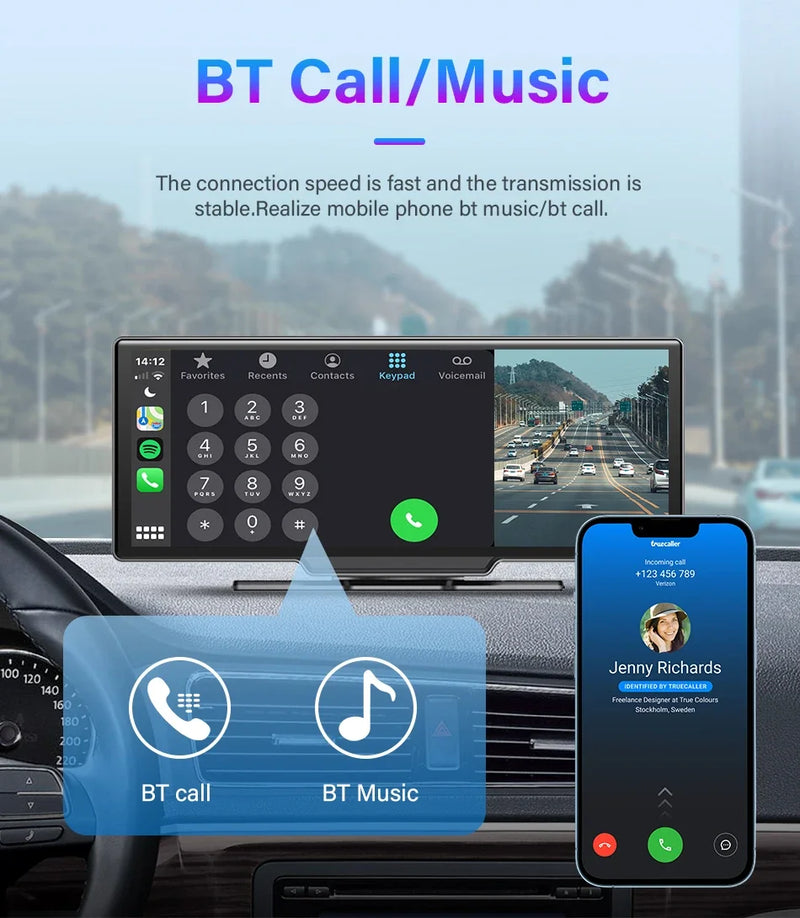 10.26'' Dash Cam 4K Car Mirror Video Player Wireless Carplay Android Auto GPS Car Monitor Multimedia Rearview Camera Dashboard