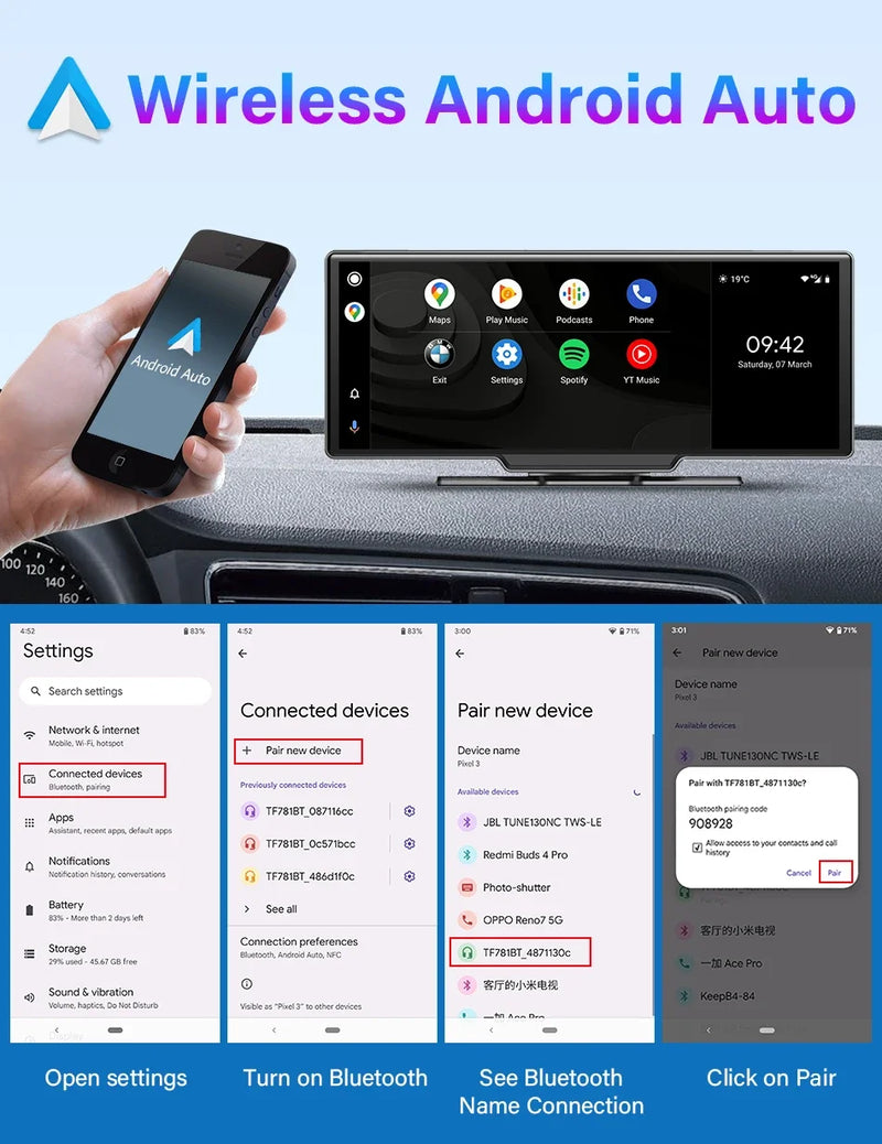 10.26'' Dash Cam 4K Car Mirror Video Player Wireless Carplay Android Auto GPS Car Monitor Multimedia Rearview Camera Dashboard
