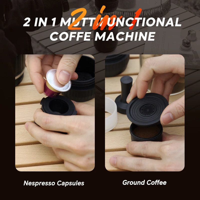 iCafilas 2in1 Portable Coffee Machine for Car & Camping Travel Expresso Coffee Maker Fit Nexpresso Pod Capsule Coffee Powder