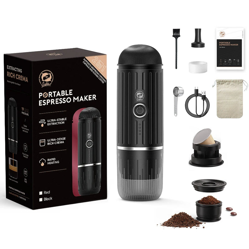iCafilas 2in1 Portable Coffee Machine for Car & Camping Travel Expresso Coffee Maker Fit Nexpresso Pod Capsule Coffee Powder