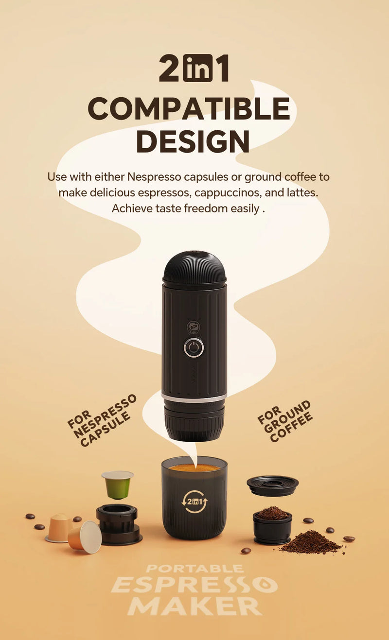 iCafilas 2in1 Portable Coffee Machine for Car & Camping Travel Expresso Coffee Maker Fit Nexpresso Pod Capsule Coffee Powder