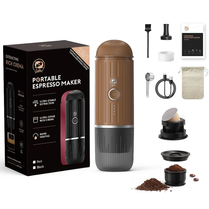 iCafilas 2in1 Portable Coffee Machine for Car & Camping Travel Expresso Coffee Maker Fit Nexpresso Pod Capsule Coffee Powder