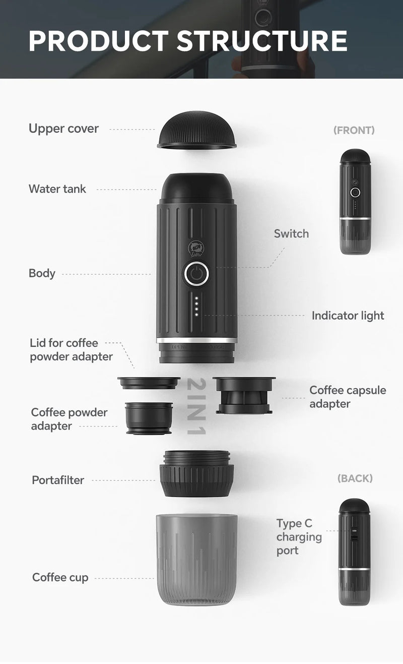 iCafilas 2in1 Portable Coffee Machine for Car & Camping Travel Expresso Coffee Maker Fit Nexpresso Pod Capsule Coffee Powder